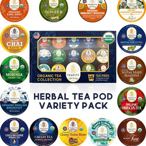 Organic Tea Pods Variety Gift Box – 15 Count Sampler of Caffeinated & Caffeine-Free Blends