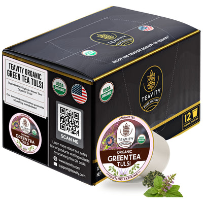 Organic Tulsi Green Tea Pods for Keurig – Naturally Caffeinated Holy Basil Green Tea