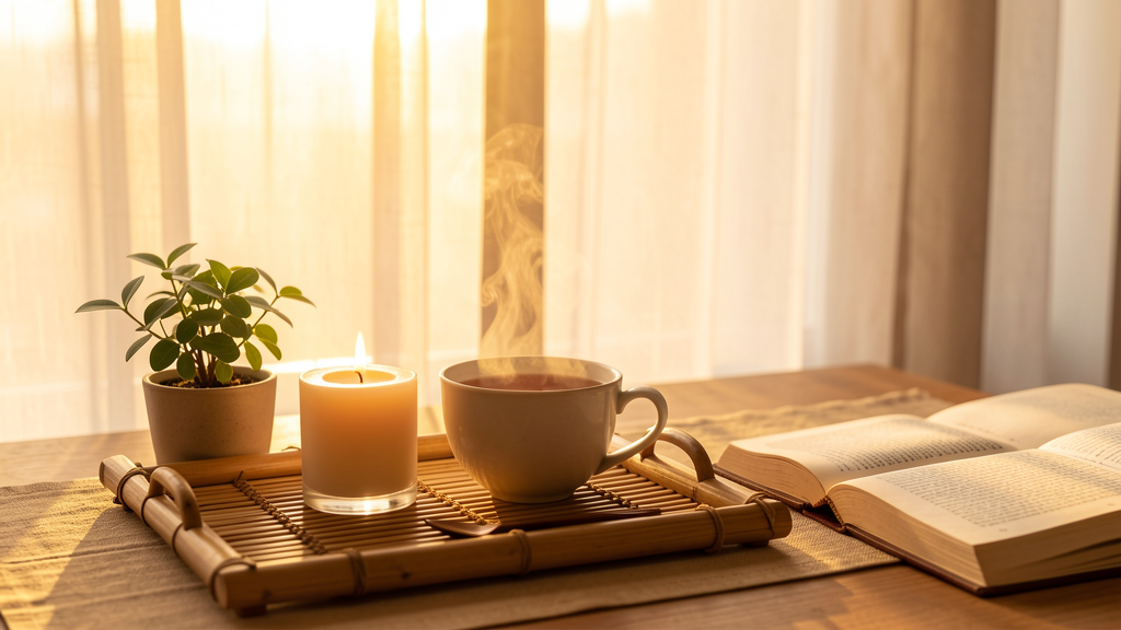 Serene morning tea ritual with steaming teacup, candle and bamboo tray