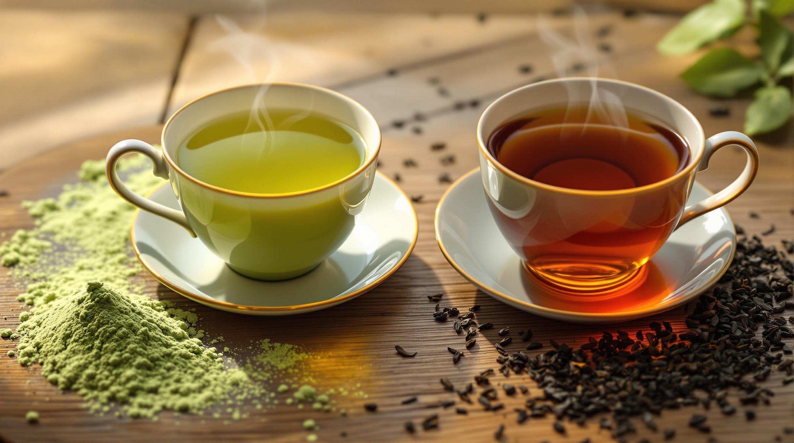 Green tea vs black tea comparison - premium loose leaf tea in elegant cups