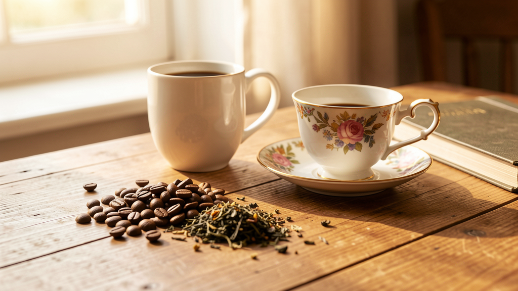 Switching from coffee to tea - a warm teacup and coffee beans on a wooden table