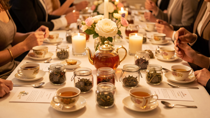 Beautifully arranged tea tasting party table with multiple teacups, loose leaf tea jars, and tasting notes