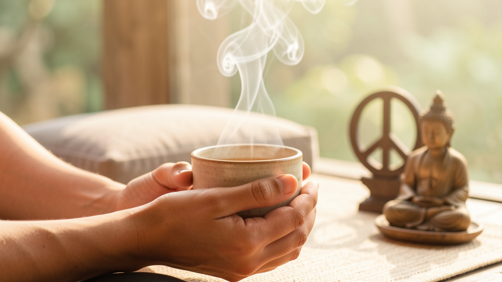 Hands holding a warm ceramic teacup with meditation cushion and peaceful zen atmosphere