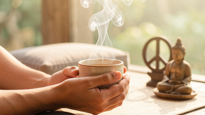 Hands holding a warm ceramic teacup with meditation cushion and peaceful zen atmosphere