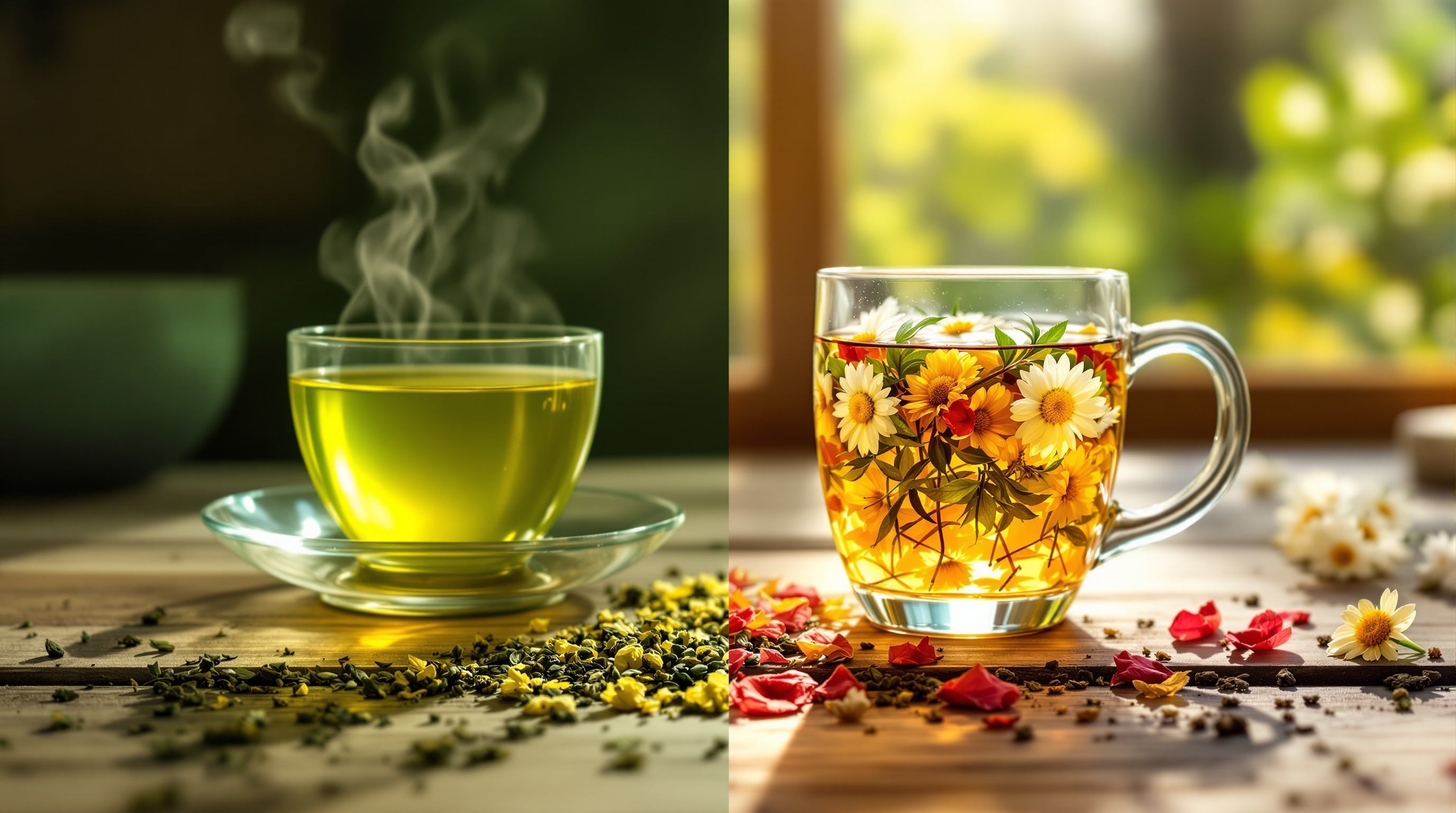 Herbal tea and green tea comparison - two cups on a rustic wooden table with tea leaves