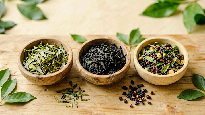 Small wooden bowls of loose organic green, black and herbal tea leaves seen from above