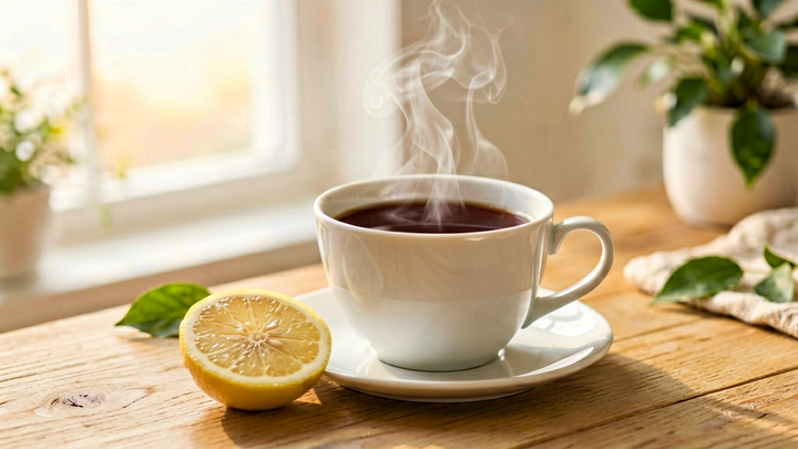A steaming cup of black tea on a wooden table in warm morning light with a lemon slice