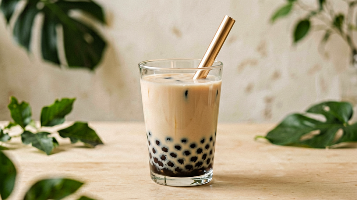A glass of milk bubble tea with tapioca pearls and a wide straw