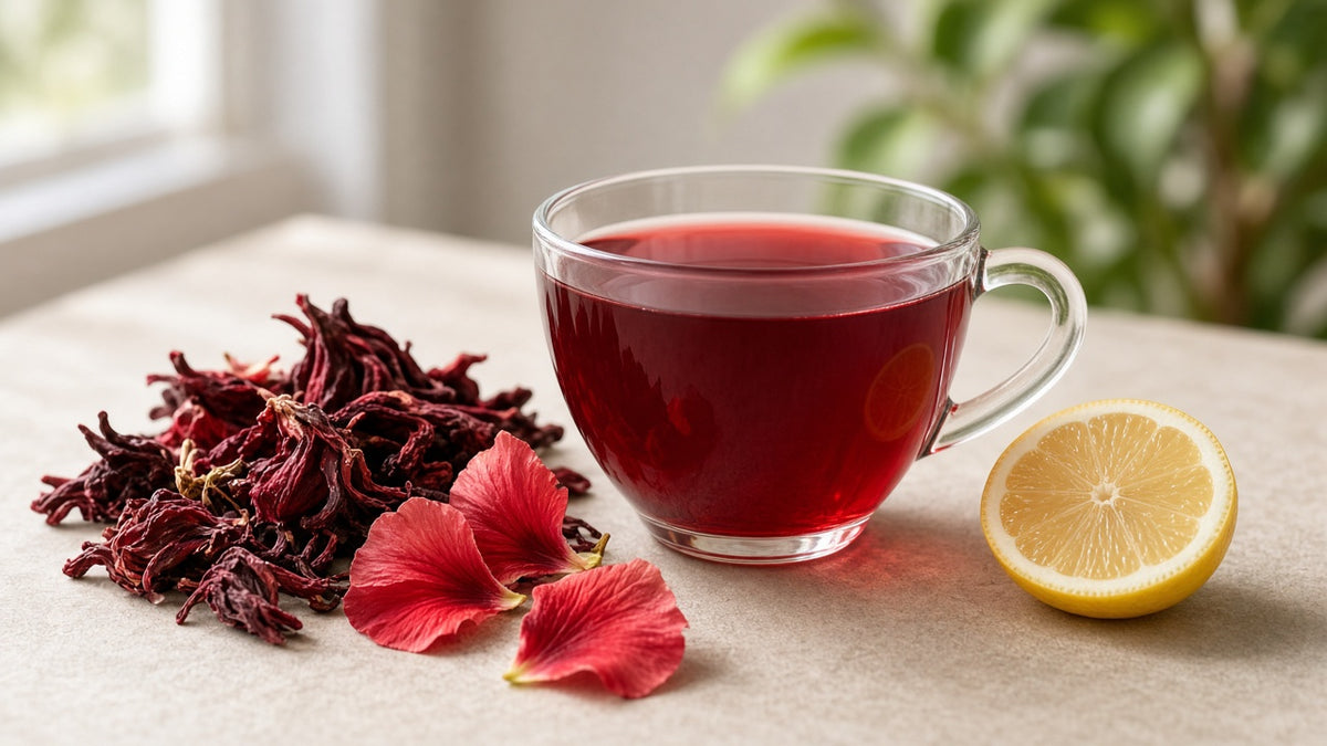 Glass cup of ruby red hibiscus tea with dried hibiscus flowers and a lemon slice