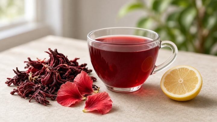 Glass cup of ruby red hibiscus tea with dried hibiscus flowers and a lemon slice