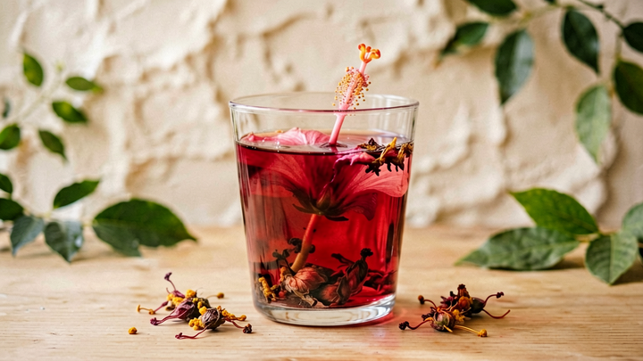 Ruby red hibiscus tea in a glass with dried hibiscus flowers