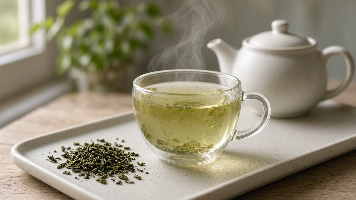 Glass cup of freshly brewed green tea with loose leaves and a ceramic teapot