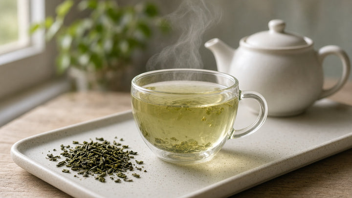Glass cup of freshly brewed green tea with loose leaves and a ceramic teapot