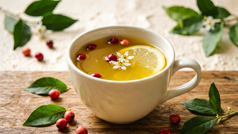 A cup of golden turmeric ginger tea with elderberries, lemon and echinacea flowers