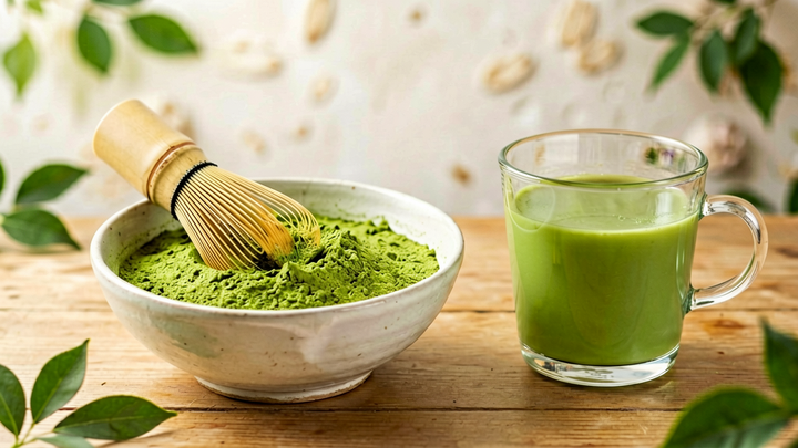 A bowl of bright green matcha with a bamboo whisk beside a glass cup of green tea