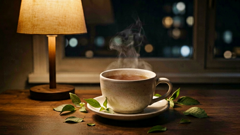 Calming tea on a desk at night with a warm lamp and city lights through the window