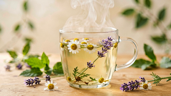 A steaming glass mug of herbal tea with chamomile flowers and lavender sprigs