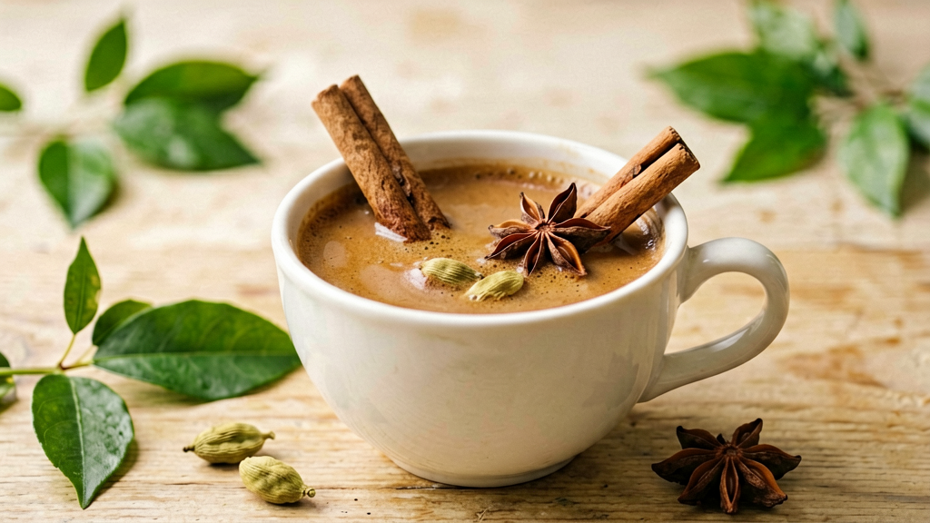 A cup of spiced masala chai with cinnamon sticks, cardamom and star anise
