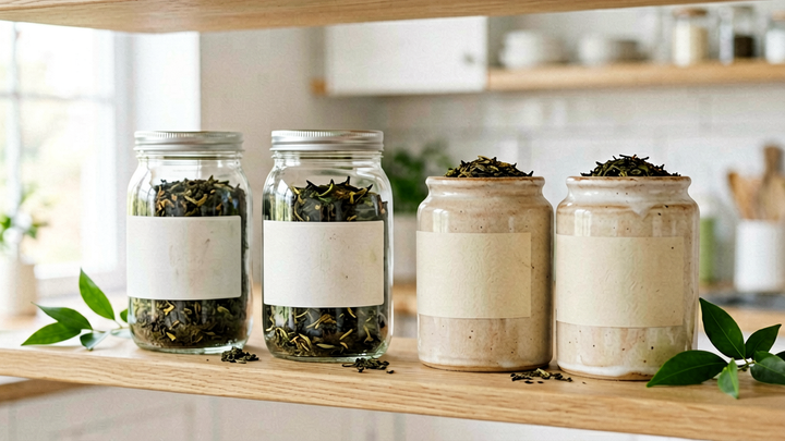 Glass jars and ceramic canisters of loose tea leaves on a kitchen shelf