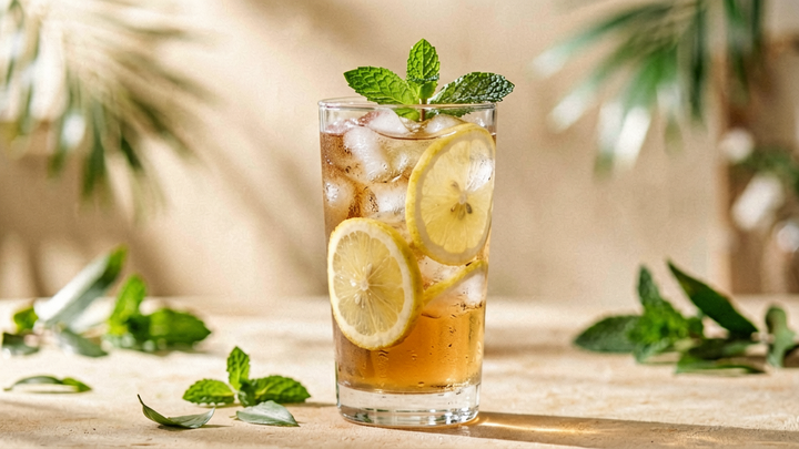 A tall glass of iced tea with ice, lemon and mint in summer sunlight