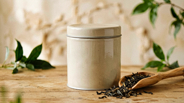 A plain ceramic tea canister with a scoop and loose leaves on a wooden table