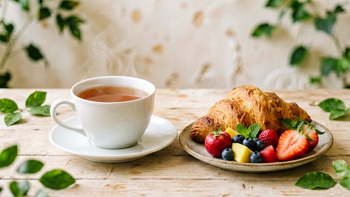 A cup of tea beside a croissant, fruit and a light lunch spread