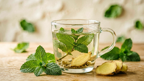 A glass cup of peppermint and ginger tea with fresh mint leaves and ginger slices