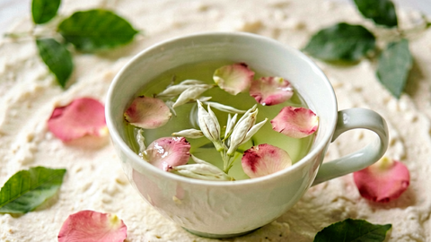A cup of pale green tea with white tea buds and rose petals in soft light