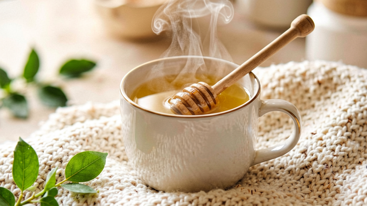 A steaming mug of ginger lemon honey tea with a honey dipper