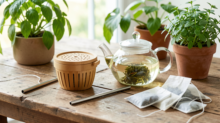Eco-friendly sustainable tea setup with bamboo infuser, glass teapot and compostable tea bags
