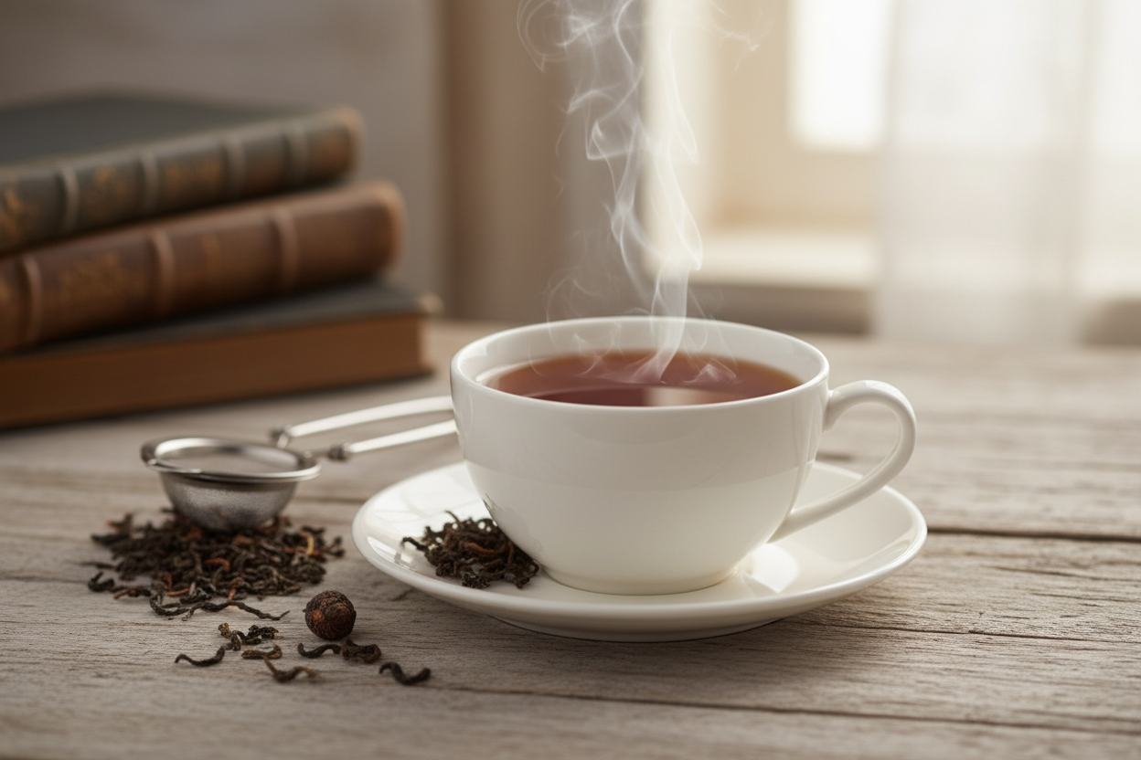 Organic black tea K-Cup pods with loose black tea leaves and fresh green tea leaves