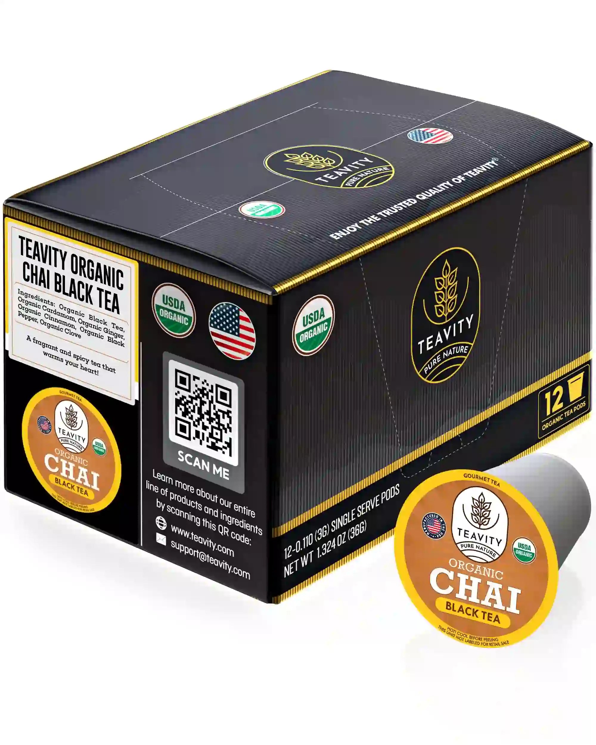 Teavity Organic Chai Black Tea, 12 tea pods box