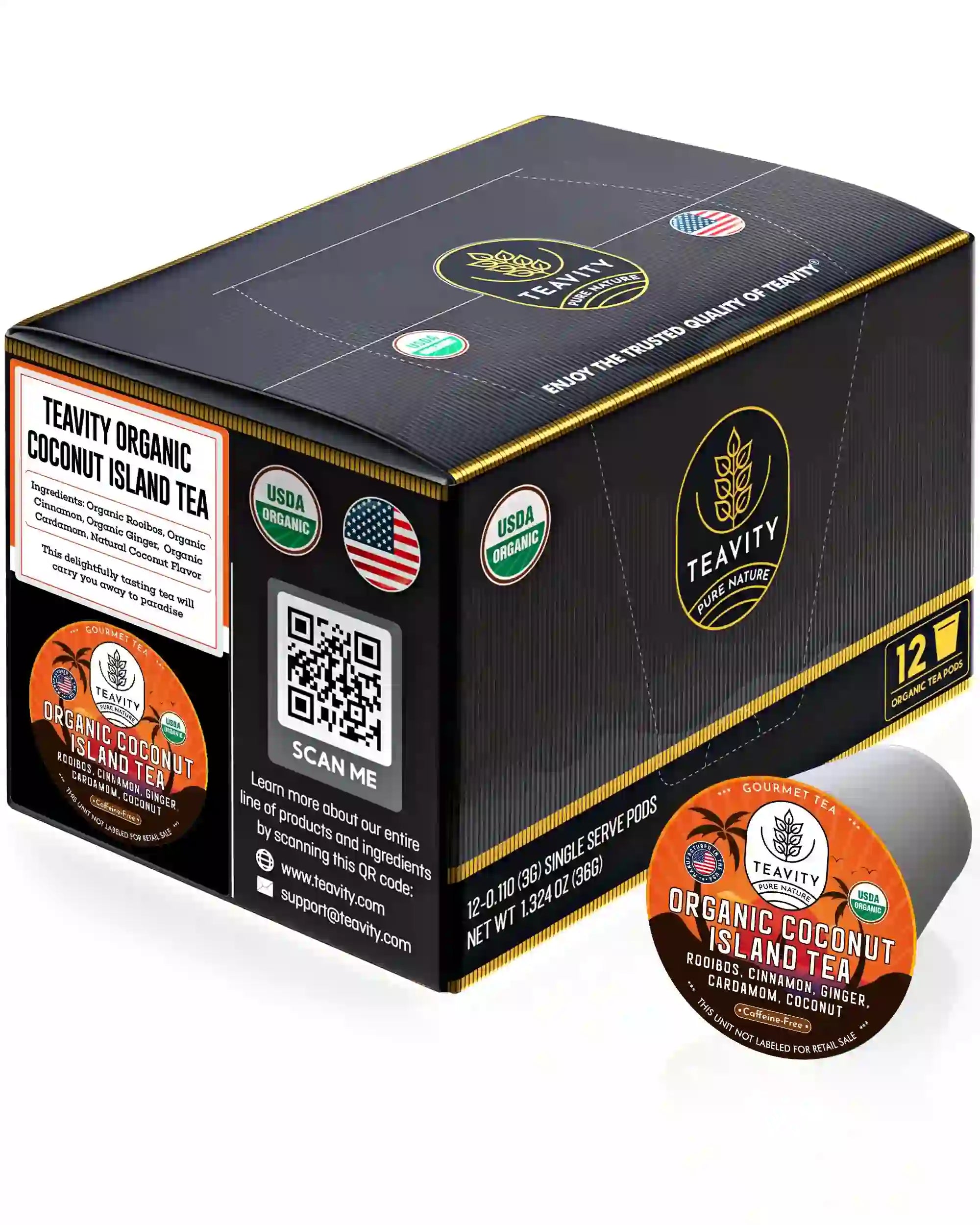 Teavity Organic Coconut Island Rooibos Tea Pods 12 count box and single serve pod