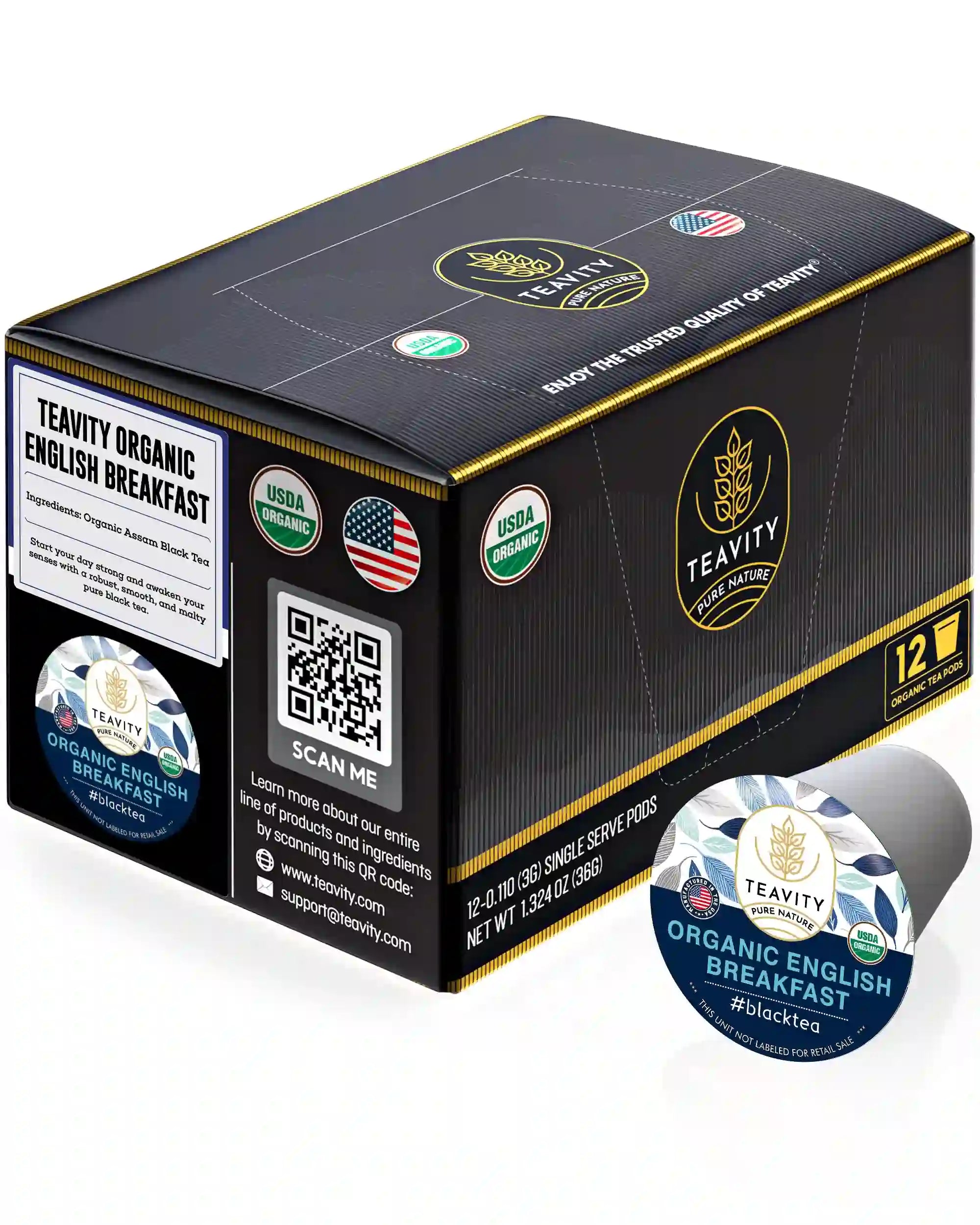 Teavity organic English Breakfast tea pods for Keurig brewers 12 count tea pod box