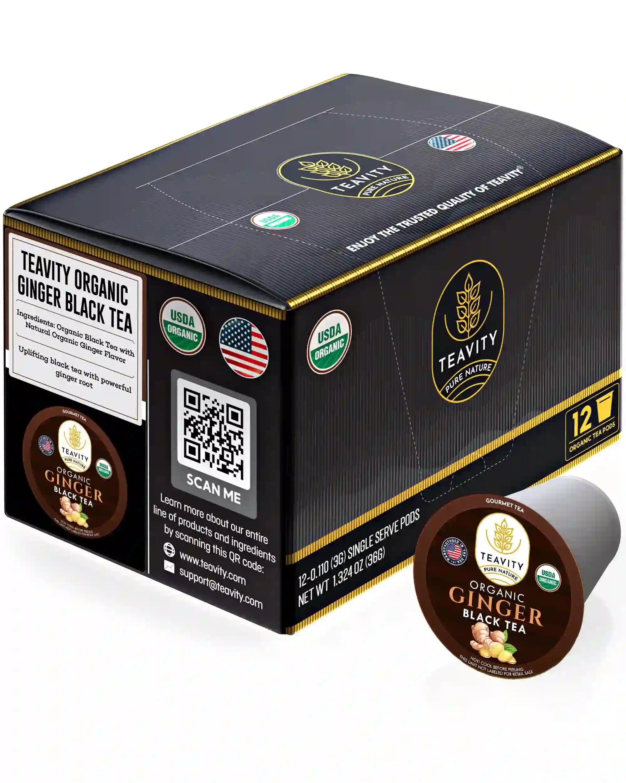 Teavity organic ginger black tea pods 12 count box, Keurig compatible single serve