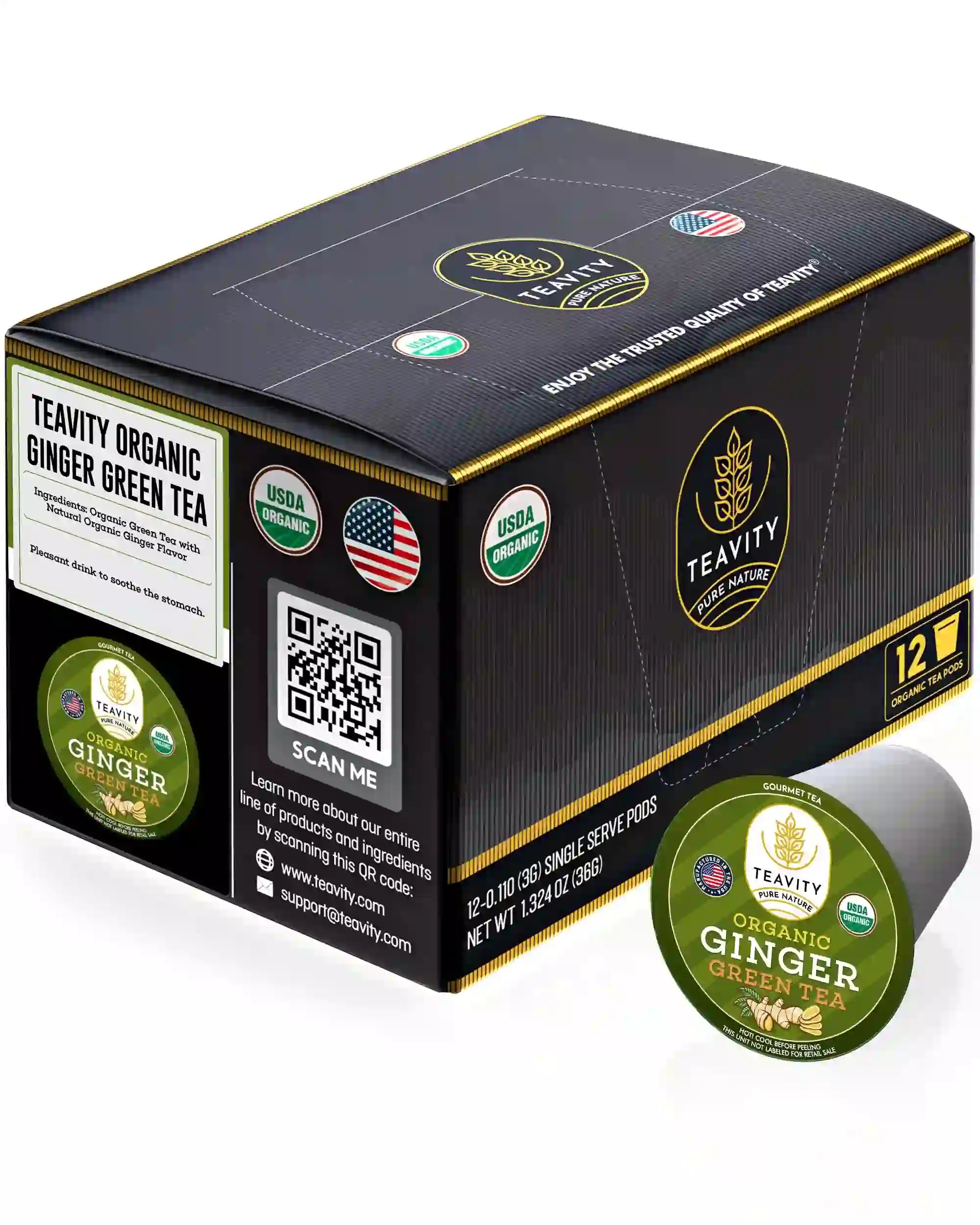 Teavity Organic Ginger Green Tea, 12 tea pod box