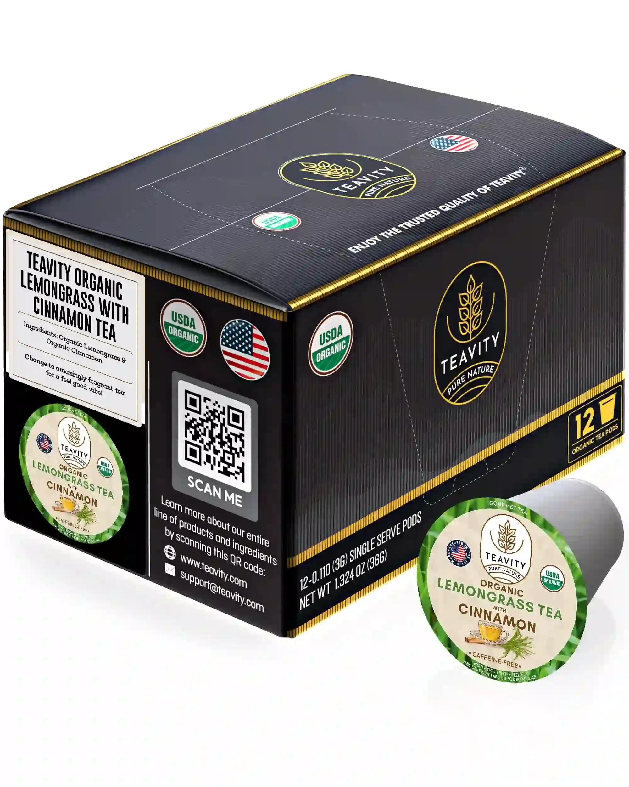 Organic Lemongrass Tea with Cinnamon, 12 organic tea pods box