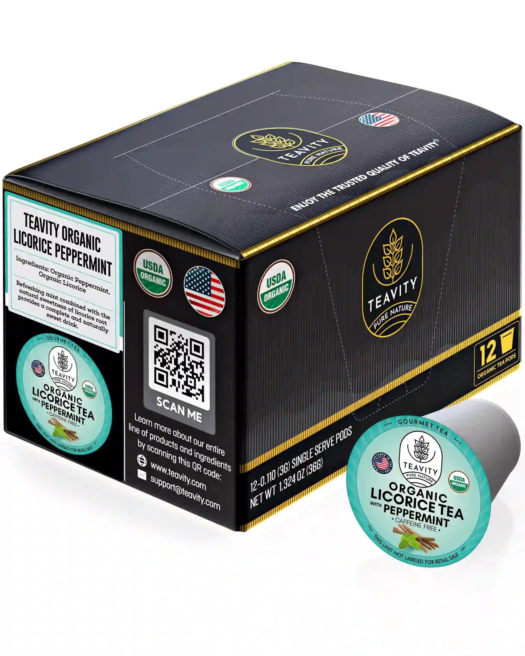Teavity Organic Licorice Tea with Peppermint, Caffeine Free tea pods box 12 count