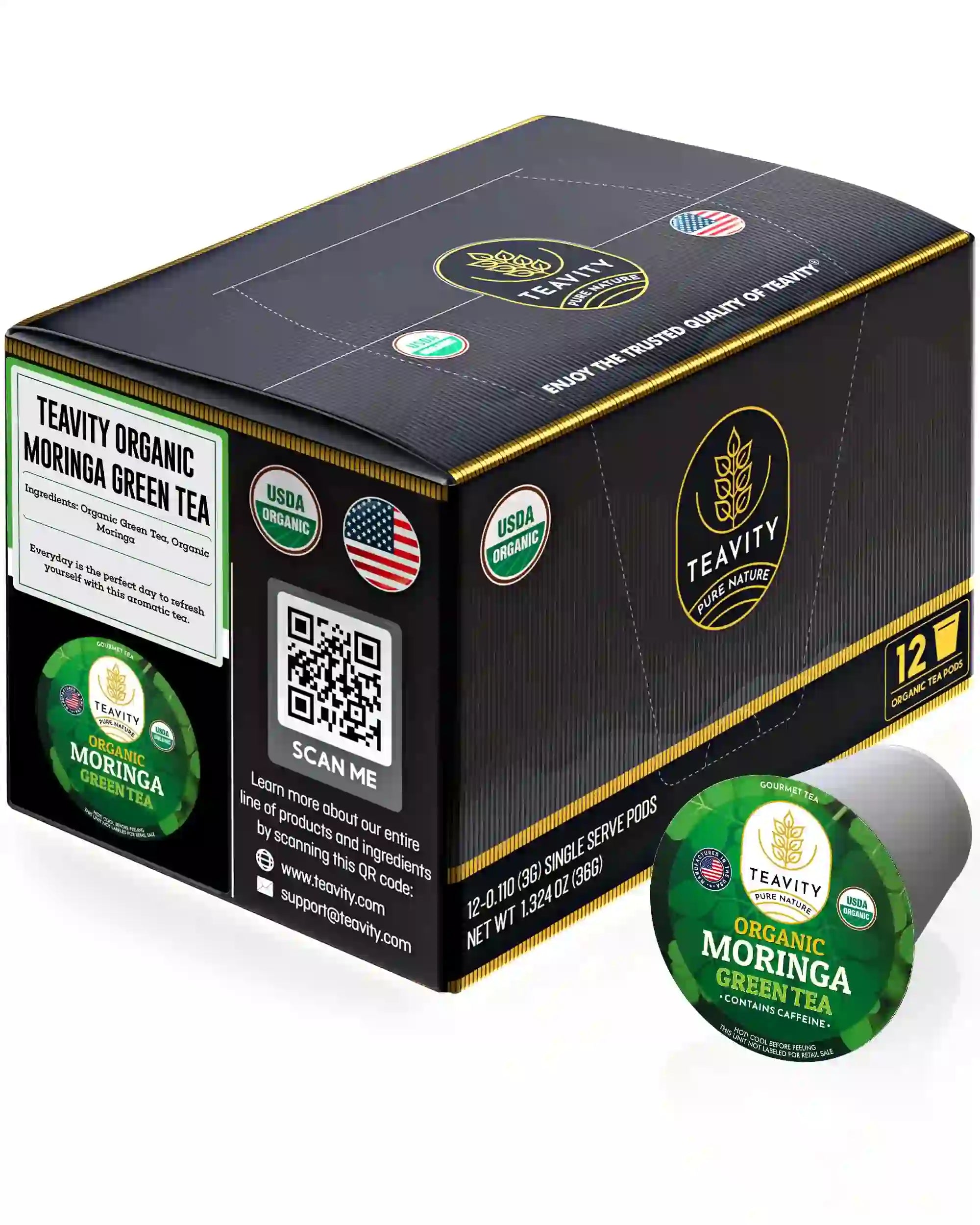 Teavity Organic Moringa Green Tea Pods 12 count tea pods box