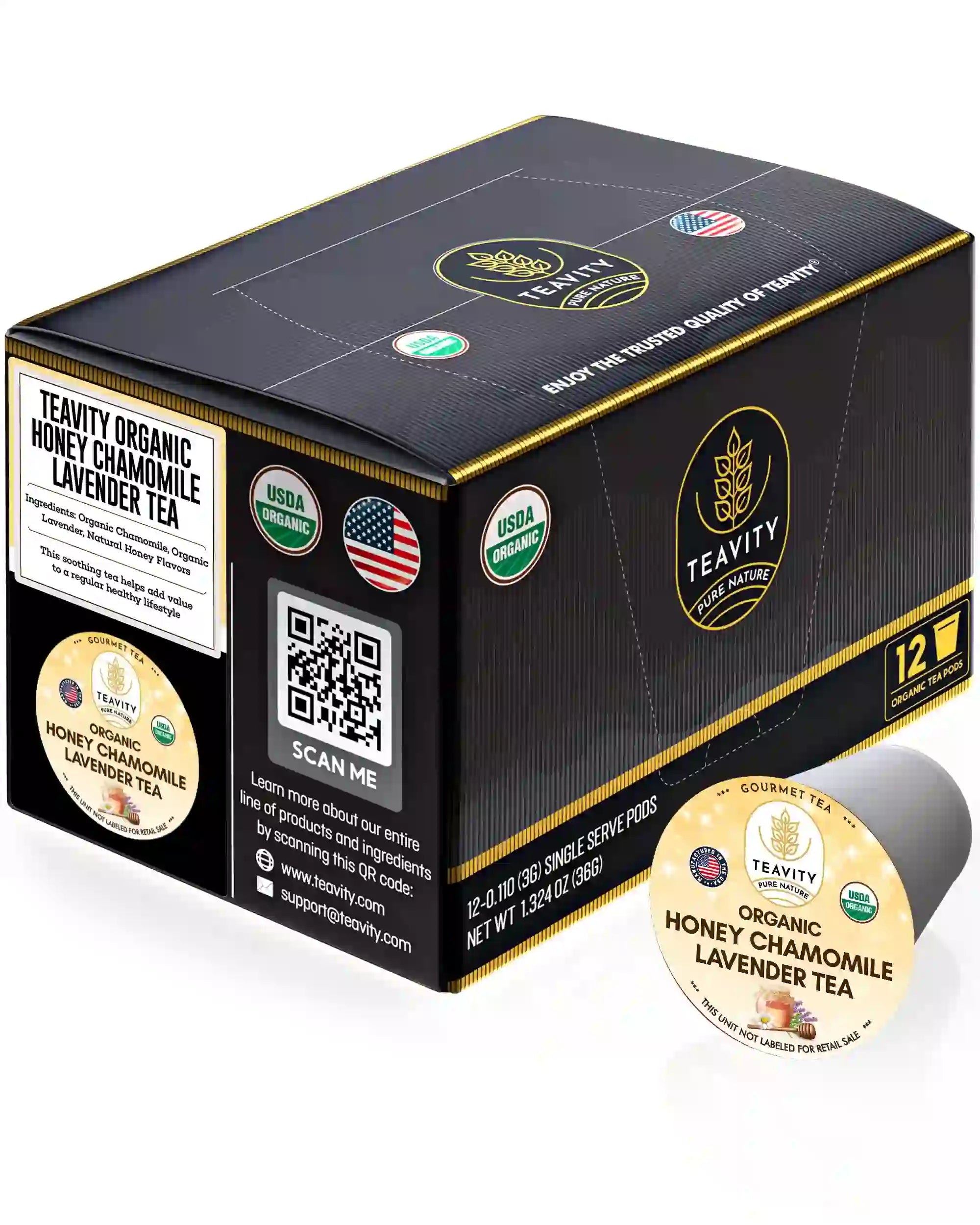 Teavity Organic Honey Chamomile & Lavender Tea Pods, 12 count box with USDA Organic seal & pod
