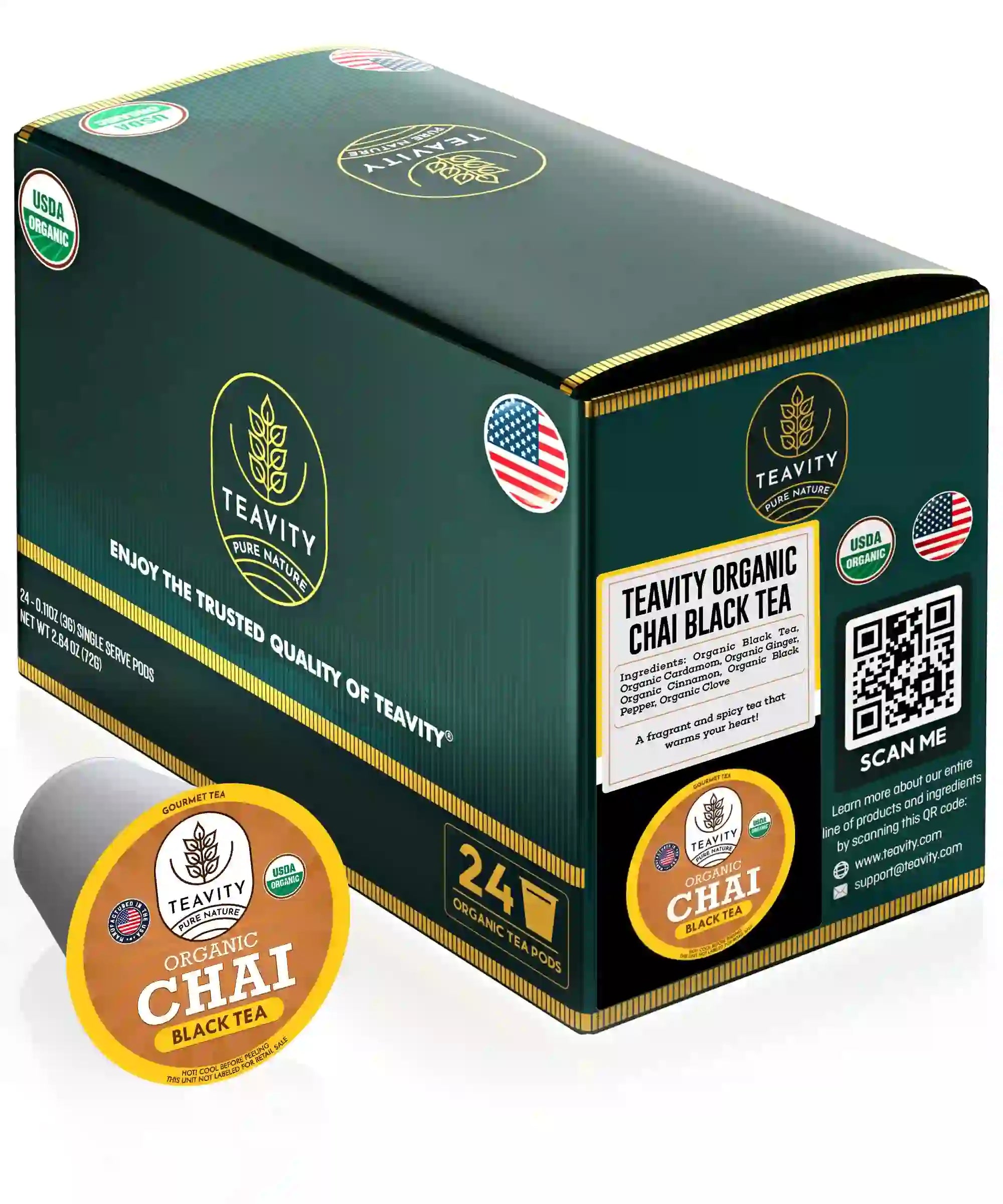Teavity Organic Chai Black Tea, 24 tea pods box