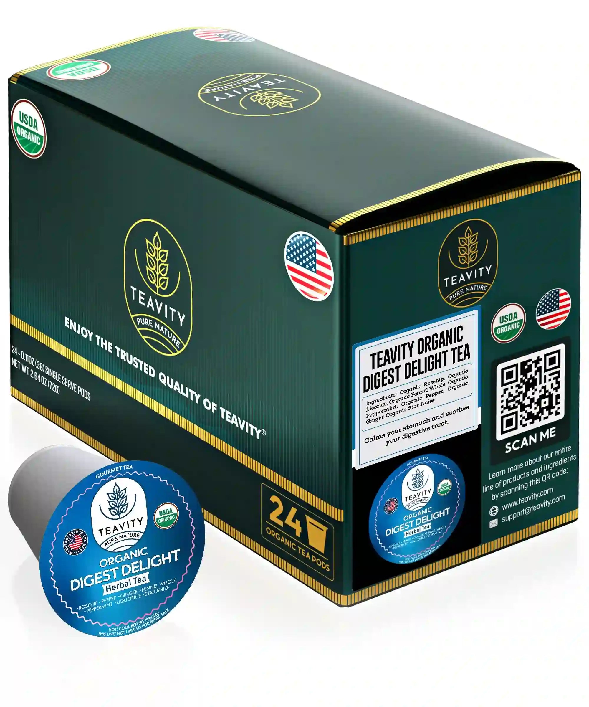 Teavity organic Digest Delight tea pods sugar free 24 count tea pods box
