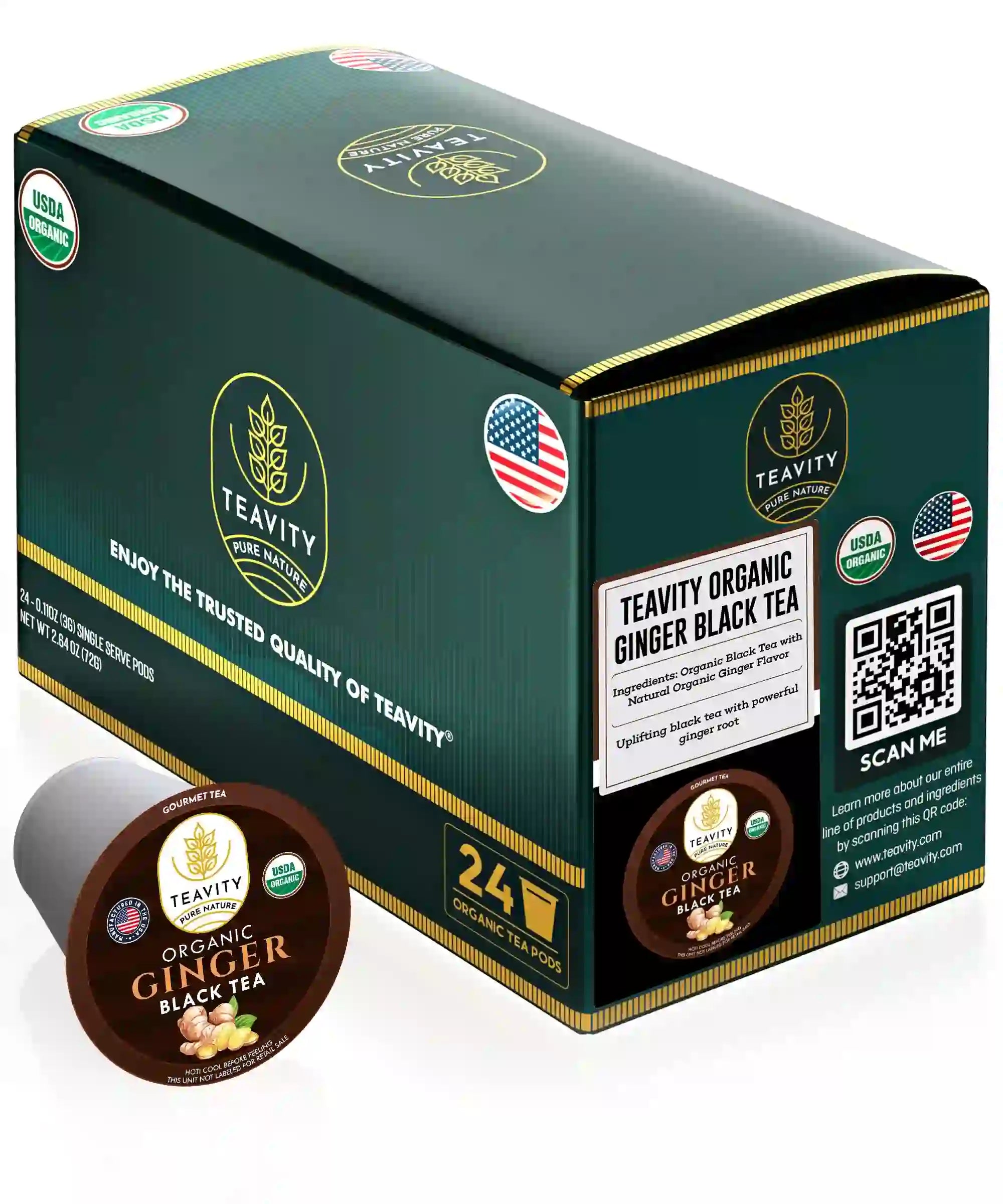 Teavity organic ginger black tea pods 24 count box Keurig compatible 
