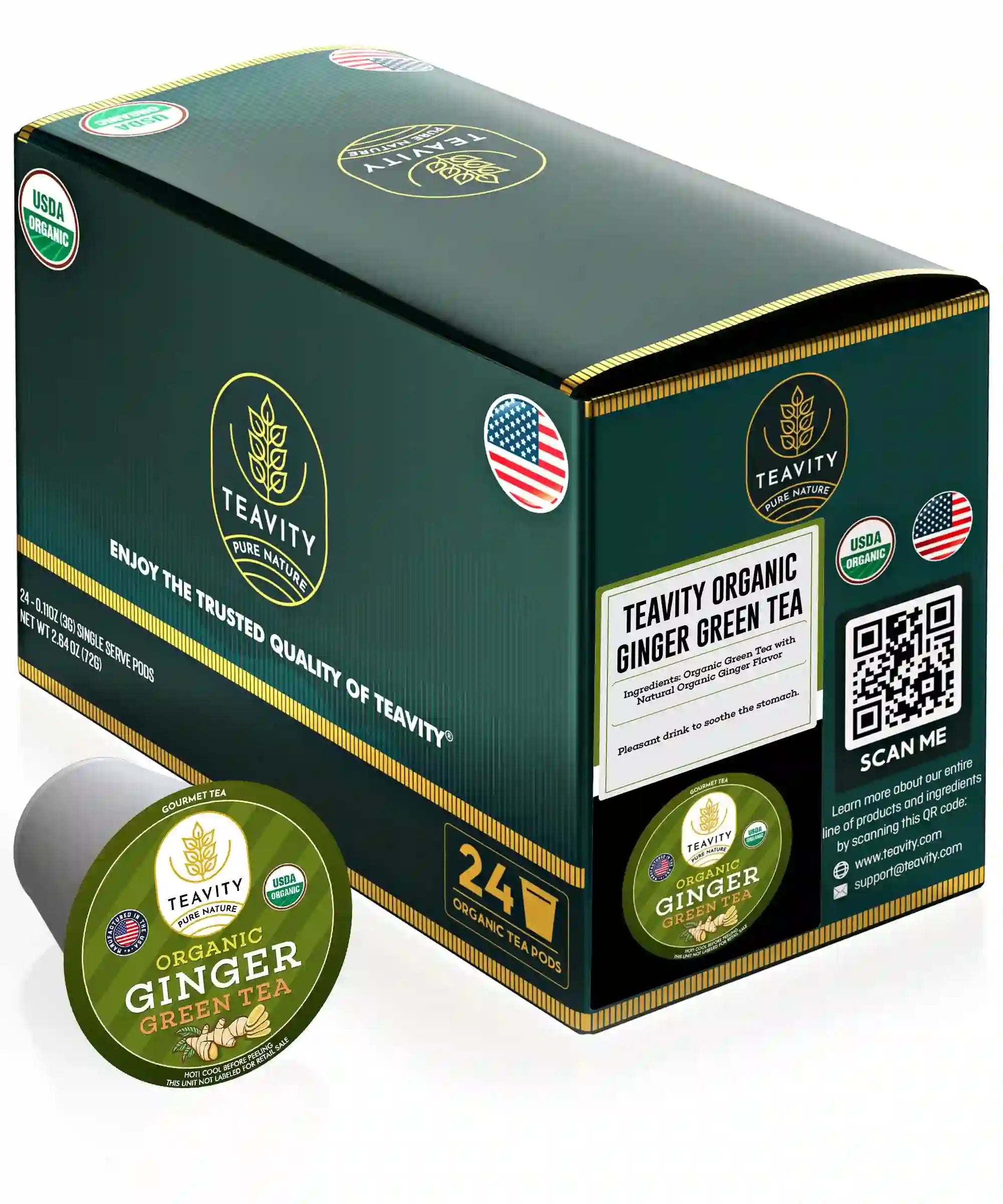Teavity Organic Ginger Green Tea, 24 tea pod box