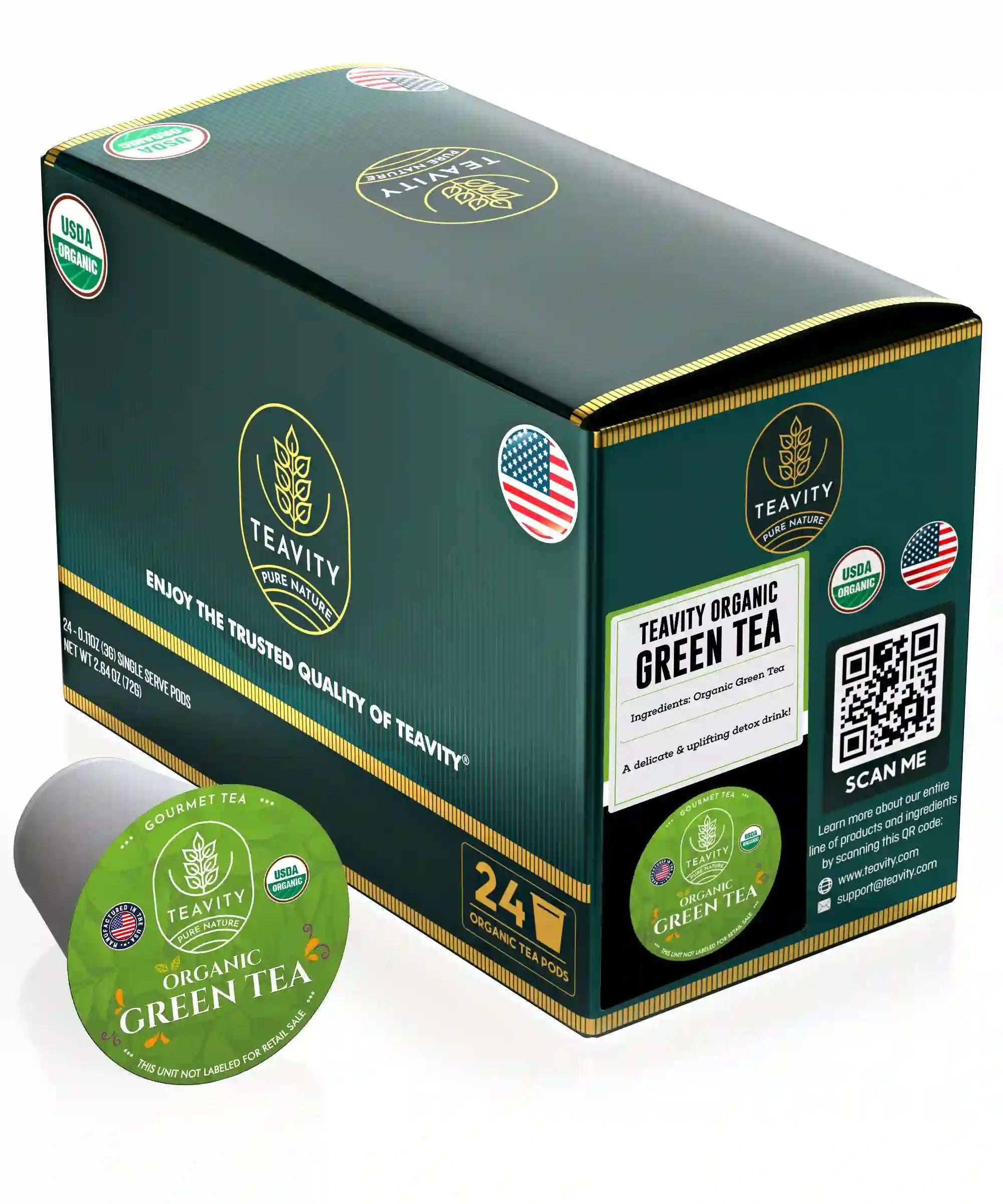 Teavity sugar-free organic green tea pods, Keurig K-cup compatible 24 count tea pods box