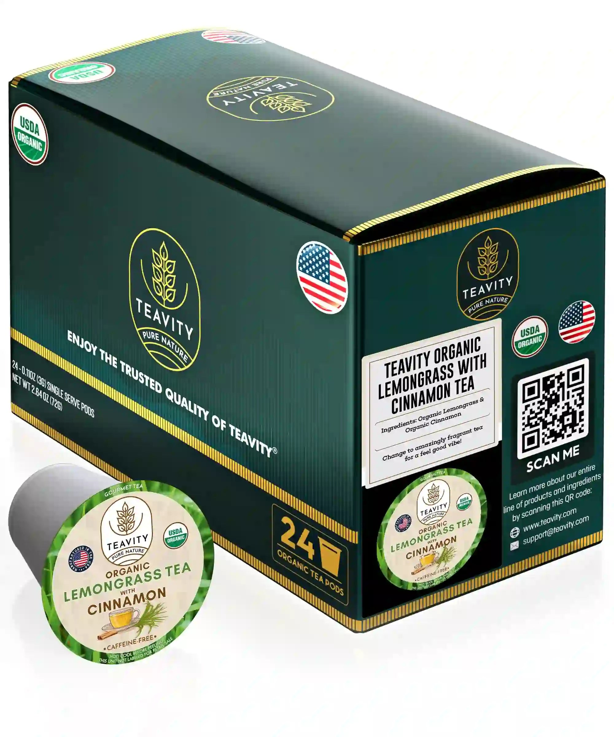 Organic Lemongrass Tea with Cinnamon, 24 organic tea pods box