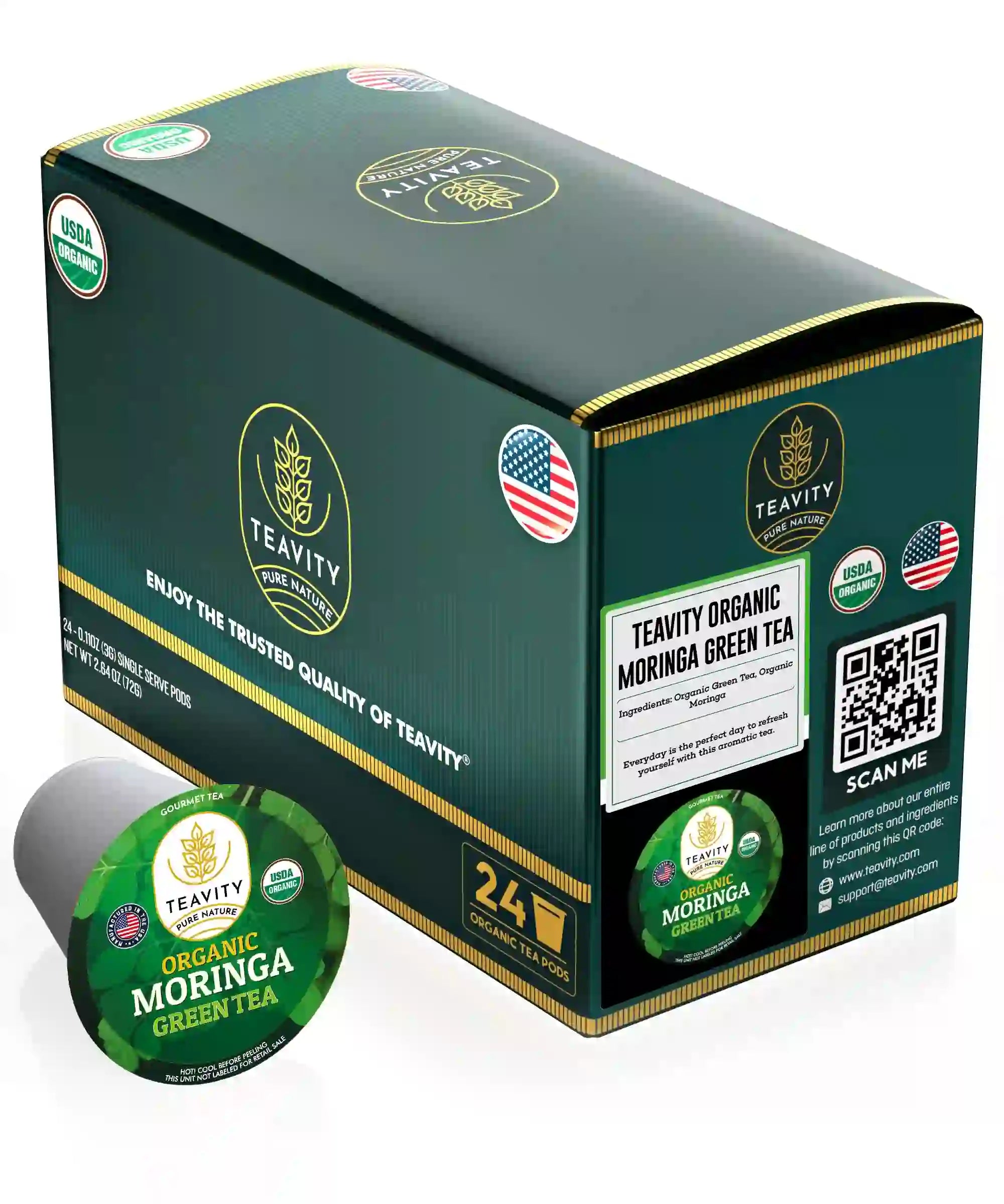 Teavity Organic Moringa Green Tea Pods 24 count tea pods box