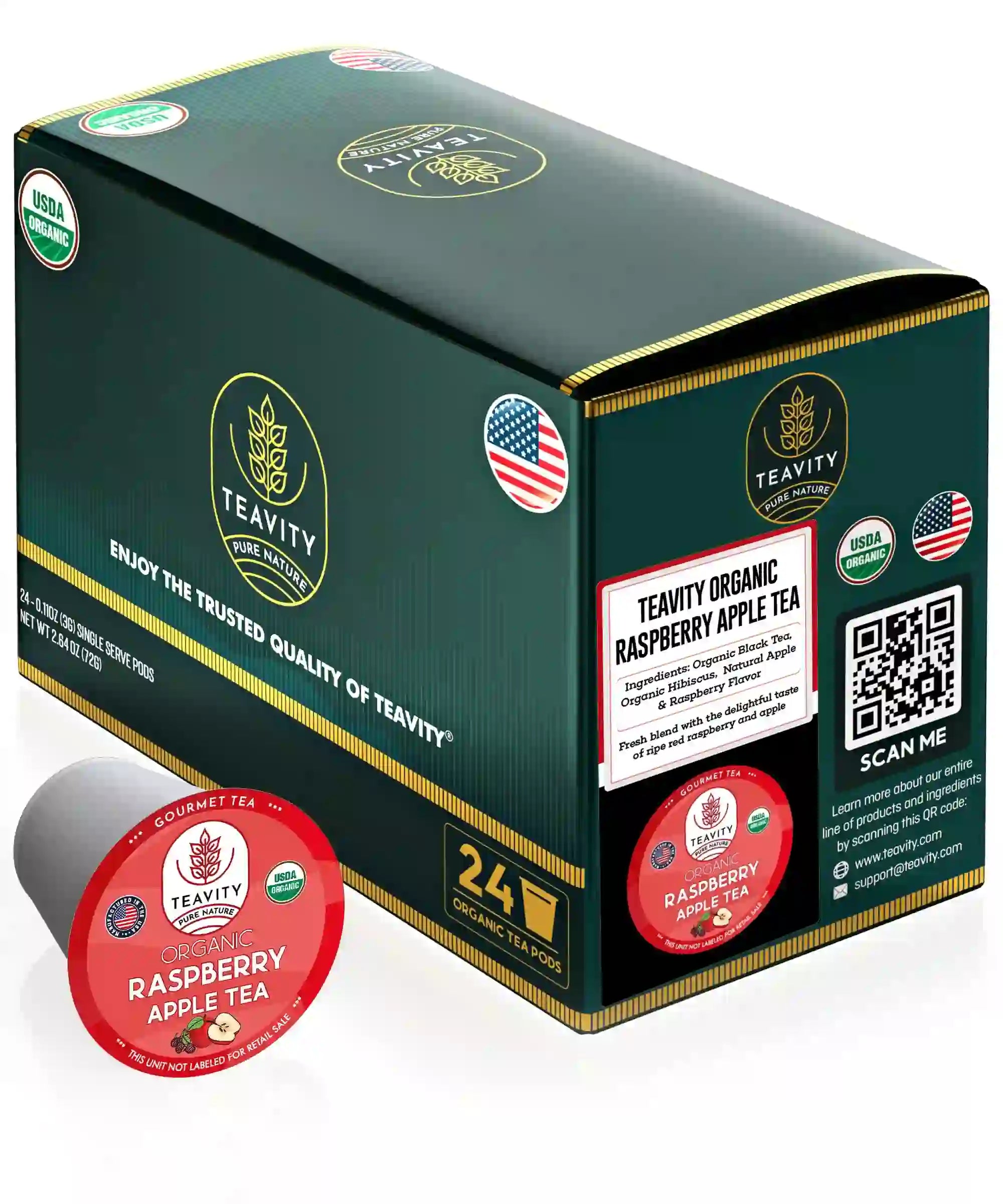 Teavity Organic Raspberry Apple Tea, 24 tea pods count box