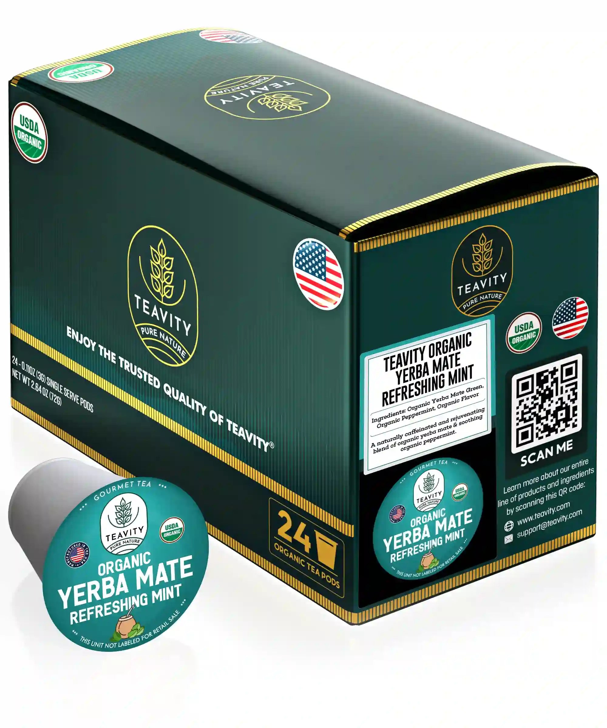 Teavity Organic Yerba Mate Refreshing Mint Tea 24 tea pod box