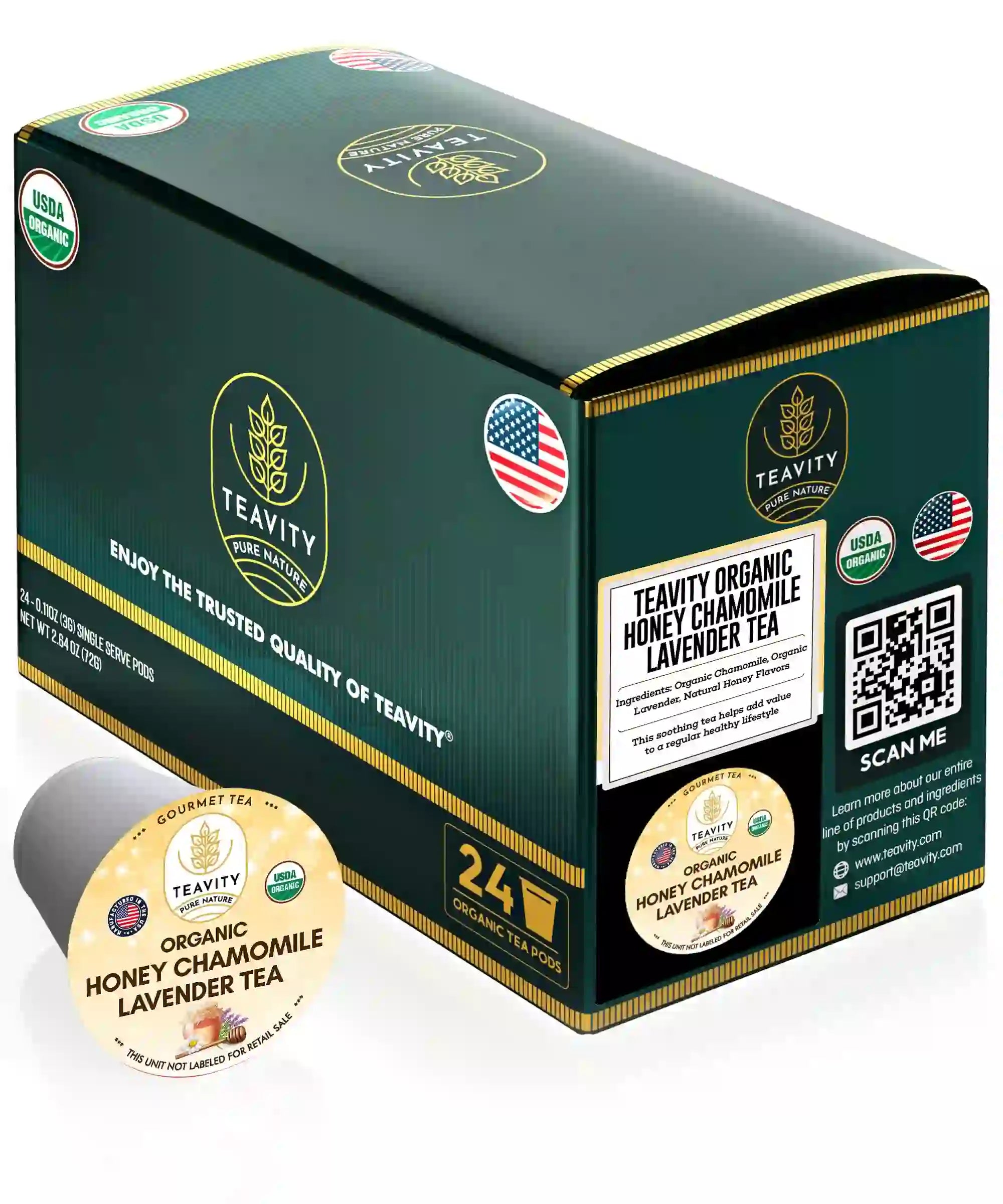 Teavity Organic Honey Chamomile & Lavender Tea Pods, 24 count box with USDA Organic seal & pod